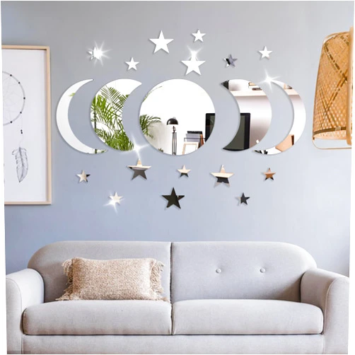 Ledander 20 Pcs Acrylic Mirror Wall Stickers Moon Star Mirror Wall Decals Decoration, DIY Self Adhesive Round Mirror Sticker Bohemian Wall Decorations for Living Room Bathroom Bedroom Office Decor