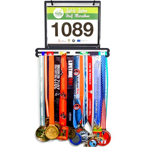 Jolitac Sports Medal Awards Display Rack Wall Mounted Marathon Medals Hanger Holder for 60+ Medals 100 Runner Race Bibs 20 Bibs Flip Vinyl Sleeves