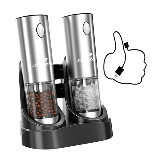 JINGASA [Upgraded Larger Capacity] Electric Salt and Pepper Grinder Set with USB Charging Base, 95ml Large Capacity, Adjustable Coarseness,Stainless Steel Automatic Pepper Mill with One-Hand Operation, 2 Pack