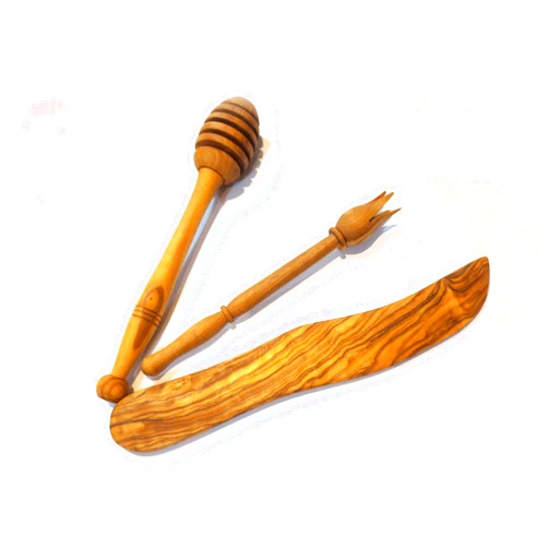 Arte Legno Set of 3 Olive Wood Kitchen Tools, 1 Honey Dipper, 1 Butter Spreader and 1 Olive Picker