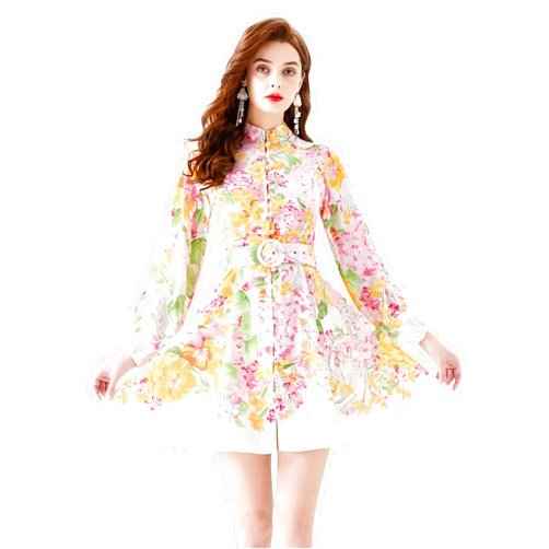 LAI MENG FIVE CATS Women's Lantern Sleeve Floral Print Button up Casual A-line Mini Dress