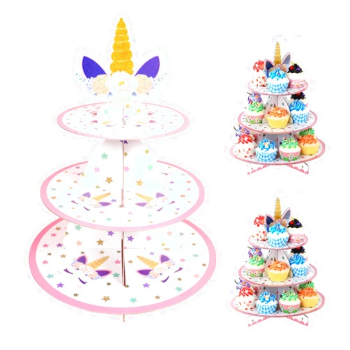 Yzexi 3-Tier Cardboard Cupcake Stand,Tower Round Cake Stand Holder,Reusable Dessert Holder Donuts Display Table, Wedding/Christmas/New Year/ Unicorn Theme Party Decoration Supplies pink 12*2*0.39in