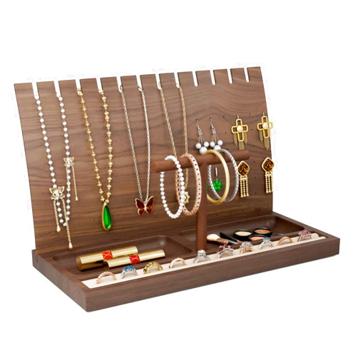 Teamkio Wooden Jewelry Organizer, Jewelry Display Stand Necklace Holder for 12 Necklaces, Earring Display Stand with 42 Holes, Wooden T-Bar Bracelets Holder Organizer for Watches Rings Displays