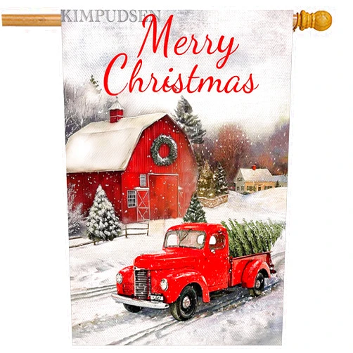KIMPUDSEN Christmas Flags 28 X 40 Double Sided, Red Truck Winter Farmhouse Rustic Xmas Pickup House Flag, Merry Christmas Large Yard Flags, Outside Holiday Snow Farm Seasonal Decorative