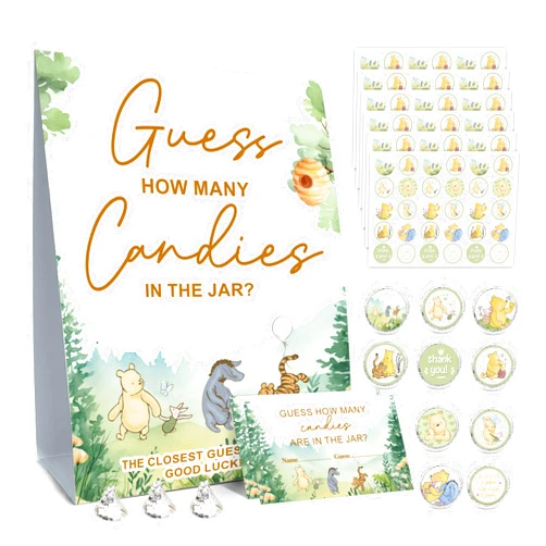 ALodr Winnie the Pooh Baby Shower Game: Guess How Many Candies, Standing Sign, 50 Cards, 180 Stickers, All Ages