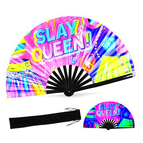 SYNTECSO Folding Hand Fan for Rave, Popping Fan for Line Dancing, Drag Queen, Women and Men Gift，Chinese Japanese UV Glow Clack Fan for Parties, Music Festivals, EDM and Decoration