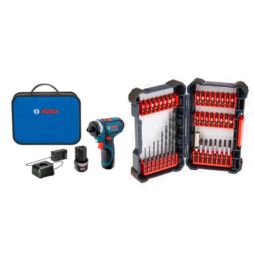 Bosch PS21-2A 12V Max 2-Speed Pocket Driver Kit with 2 Batteries, Charger and Case & 40 Piece Impact Tough Drill Driver Custom Case System Set DDMS40