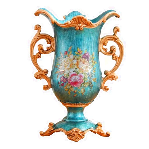 ZR-DECOR European-Style Retro Resin Large Flower Vases for Living Dining Room Table Centerpiece Bedroom Office Hotel Home Decoration Hand-Painted Tall Decorative Vase, Best Wedding Gift(Blue32×21cm)