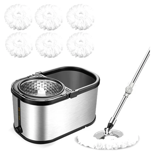 Zingeous Spin Mop Bucket System Stainless Steel Bucket and Mop Set with 6 Microfiber Replacement Head Refills, Floor Mop with 4 Wheel