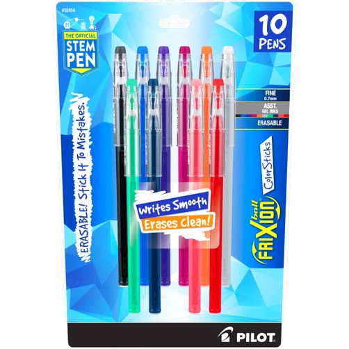 Pilot, FriXion ColorSticks Erasable Gel Ink Pens, Fine Point 0.7 mm, Pack of 10, Assorted Colors