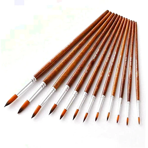 Woevda 12pcs Nylon Wool Brown Wooden Handle Paint Brush Set