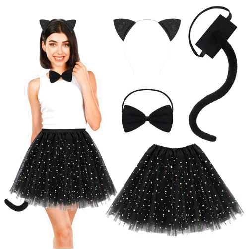 URATOT Halloween Women Black Cat Accessory Set 4 Pieces Cat Cosplay Costume Cat Ears Headband Blacktail Bowtie Tutu, Large