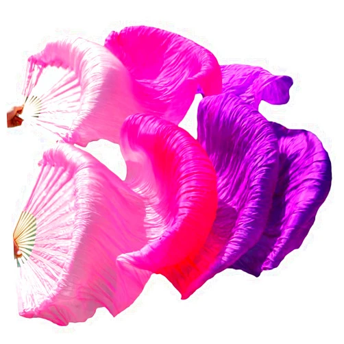 SNOWAQUA Belly Dance Silk Veil Fans, 1 Pair Real Silk Bamboo Long Fans Veils, Handmade Belly Dance Dancing Silk Fans, Dance Performance