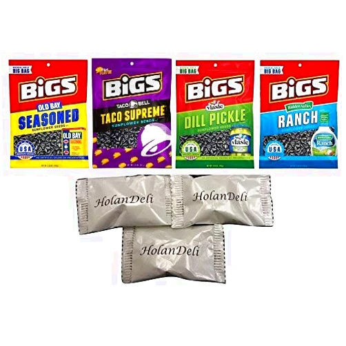 HolanDeli (4 Flavors) Bigs Sunflower Seed Variety Pack. (Vlasic Dill Pickle, Taco Supreme, Hidden Valley Ranch, Old Bay Seasoned). Includes HolanDeli Mints