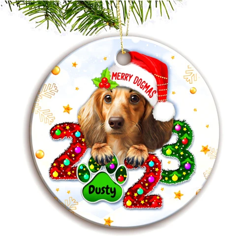 DongNaiWin Long Haired Dachshund Dog Custom Ceramic Circle Christmas Ornaments - Cute Dog 2023 Xmas Ornaments - Christmas Tree Hanging - Tree Ornaments