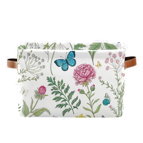 Kigai Herb and Wild Flowers Storage Basket Collapsible Rectangle Storage Bin Shelves Basket Organizer with Leather Handle for Closet, Office, Nursery, Home Decor