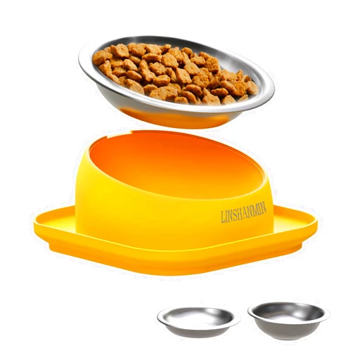 LINSHANMIN Tilted Cat Food Bowls, Cat Feeding Bowls Whisker Friendly, Raised Cat Bowls for Indoor Cats, Slanted Flat Plastic Feeder Elevated Angled Design, 3 in 1 Combined Cat Food Bowls(Yellow)