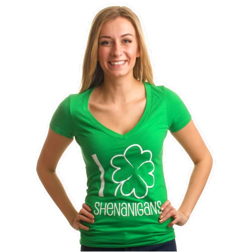 Ann Arbor T-shirt Co. I Shamrock Shenanigans | Cute, Funny St. Patrick's Day Women's Green Deep V-Neck