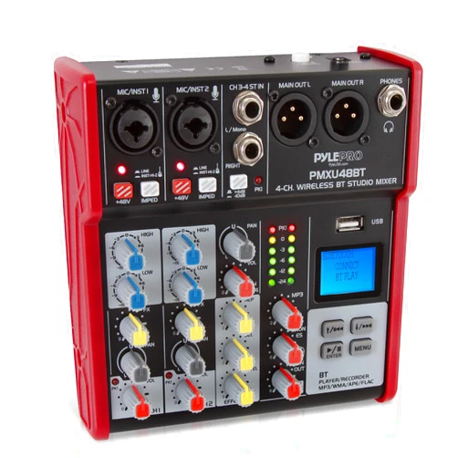 PYLE Studio Audio Sound Mixer Board - 4 Channel Bluetooth Compatible Professional Portable Digital DJ Mixing Console with USB Mixer Audio Interface - Mixing Boards For Studio Recording - PMXU48BT