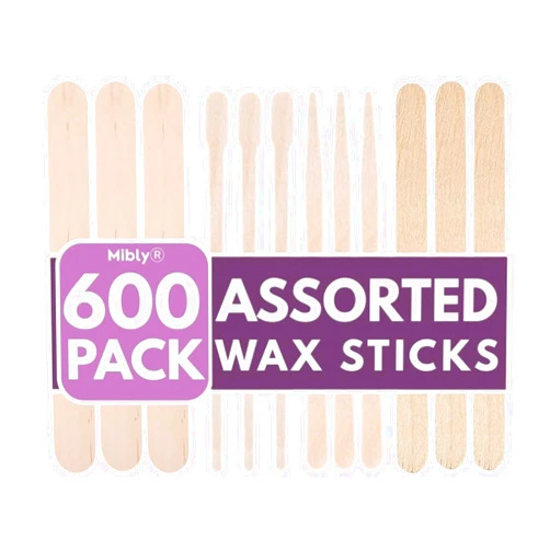 Mibly 4 Style 600 Pcs Assorted Wooden Wax Sticks for Body Legs Face Small Medium Large Sizes Eyebrow Waxing Applicator Spatulas for Hair Removal or Wood Popsicle Craft Sticks (Mix Sticks Pack of 600)