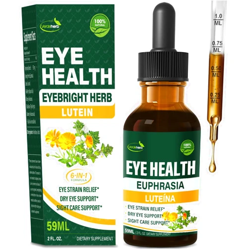 Verdeherb Eyebright Herb Eye Health Drops, Bilberry & Lutein Liquid Extract Herbal Supplement for Eye Strain Relief & Sight Care Support. Euphrasia Officinalis, Arándanos, Luteína para Los Ojos. 2oz