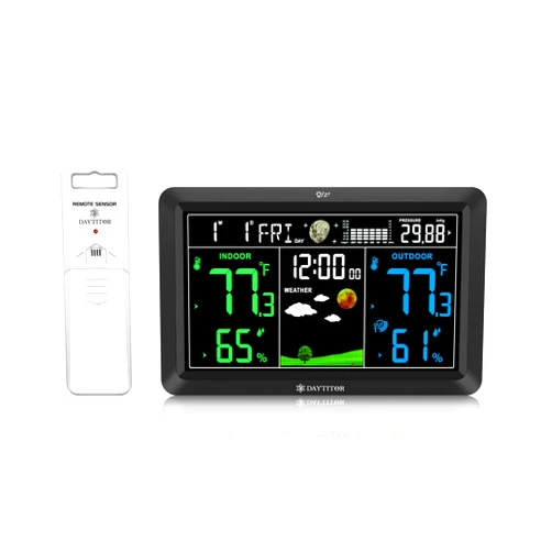 DAYTITOR Weather Station Wireless Indoor Outdoor Thermometer, Color Display Digital Weather Thermometer with Atomic Clock, Adjustable Backlight,Black
