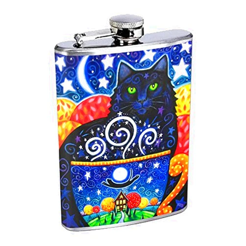 Candoo Cat Art Stainless Steel Silver Hip Flask 8 Ounce Spirits Drinking K10