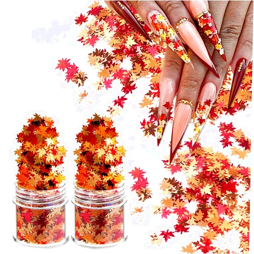 AUOCATTAIL Nail Art Maple Leaf Flake 20gram Glitter Fall Leaves Metallic 3D Maple Leaf Shaped Red Yellow Orange Mixed DIY Decoration Design Spangles Solvent Resistant for Women Girls (2 Pot)
