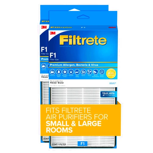 Filtrete F1 Room Air Purifier Filter, True HEPA Premium Allergen, Bacteria, & Virus, 12 in. x 6.75 in., 2-Pack, Works with Devices: FAP-C01BA-G1, FAP-T02WA-G1 and FAP-ST02N