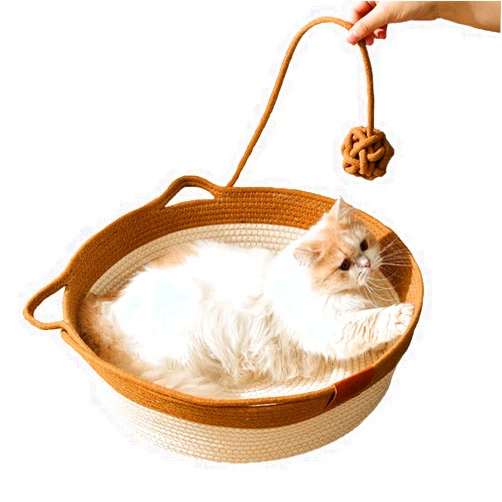 Petlex Cat Basket Bed, Round Rattan Cat House for Indoor Cats, Cute Cat Cotton Rope Woven Basket Nest with Interactive Ball, Washable Winter Summer Use (Small)