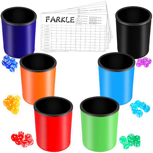 Zhanmai 6 Pcs Dice Cup for Farkle Game PU Leather Cup of Dice Dice Stacking Cup with 36 Colorful Dice 6 Farkle Scorecards Dice Set for Yahtzee Dice Games Family Party Supplies