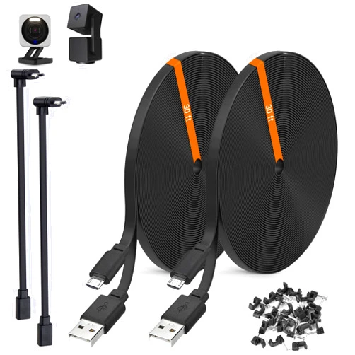 Weishan 2-Pack 30ft Power Extension Cable Compatible with Wyze Cam v4,Wyze Cam Pan v3,Wyze OG,Wyze Cam v3 and v3 Pro Security Cameras - 9m Long Flat USB to Micro USB Charging Cord with L-Shaped Adapter, Black