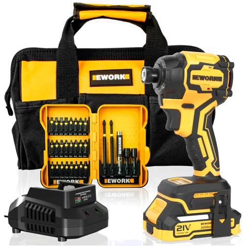 EWORK Impact Driver 21V Brushless Cordless Impact Driver Set, 4-Speed, 2300 In-lbs, Compact 1/4 Impact Driver Kit with 2.0Ah Battery, Fast Charger, Screwdriver Bit Set, Bit Holder, Belt Clip, Tool Bag