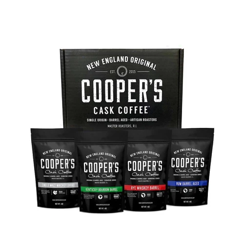 Cooper's Cask Coffee Bourbon & Whiskey Barrel Aged Coffee - 4-Bag Roasted Coffee Box Set - Bourbon Colombian, Malt Whiskey Sumatra, Rye Whiskey Ethiopian, Rum Barrel Rwanda, (Whole Bean, 4 Ounce (Pack of 4))