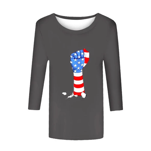 Generic 3/4 Sleeve Tops for Women 4th of July Outfits American Flag Summer Casual Round Neck T Shirt Loose Fit Plus Size Blouses