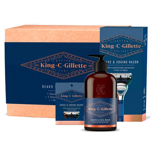 Gillette King C. Gillette Beard Grooming Kit for Men, Edging Razor + 3 Refill Blades + Face Wash, Gift Set Ideas for Him/Dad