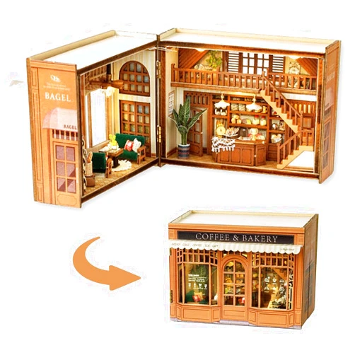 TuKIIE DIY Miniature Dollhouse Kit with Furniture, 1:32 Scale Opened & Closed Mini Cube Wooden Doll House Creative Room for Kids Teens Adults(Bagel Time)