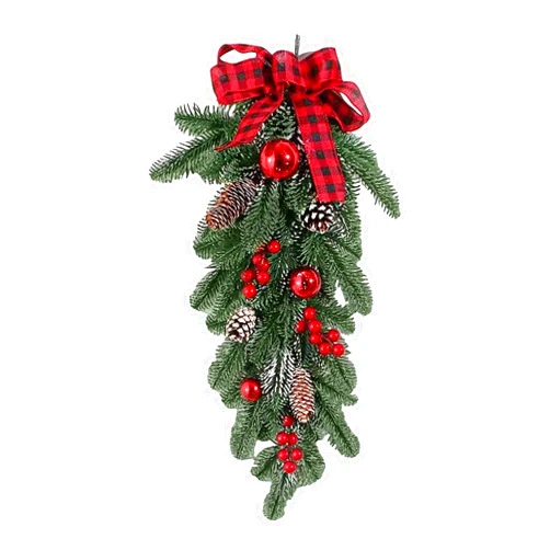 LAFANDE Christmas Teardrop SWA-gs, Christmas Pine Needles Swag with Red Berries Bowknot and Pinecone, Christmas Wreaths for Front Door Holiday Wall Window Outdoor Decor, Christmas Greenery Pine Swag