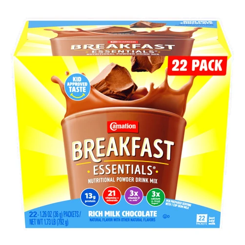 Carnation Breakfast Essentials Powder Drink Mix Rich Milk Chocolate, 22 Count Box of Packets (Packaging May Vary)