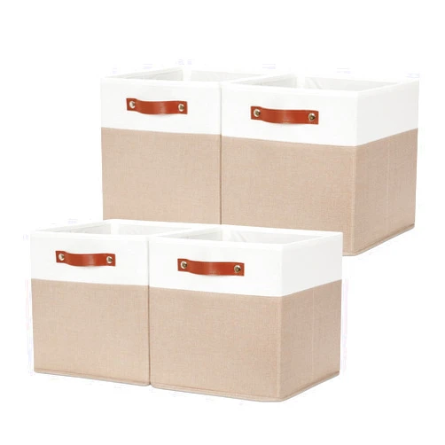 HNZIGE Fabric Storage Cubes, Cube Storage Bins 12 x 12, Set of 4, Decorative Storage Baskets for Shelves with Handles,Foldable Bins for Cube Shelf Organizer Home Toy Nursery Closet(Beige White)