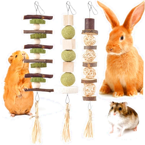Bissap 3PCS Bunny Chew Toys, Natural Hanging Rabbit Chew Toy Treats for Guinea Pigs Hamsters Gerbils Chinchilla and Other Small Pets for Teeth Grinding