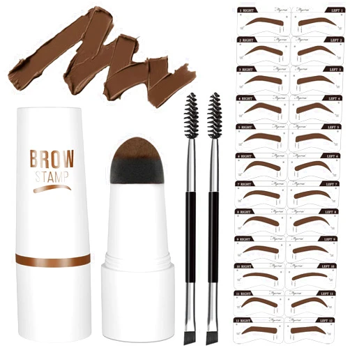 Nuonove Eyebrow Stamp Stencil Kit - Vegan Eyebrow Stamp Pomade - Long-Lasting Waterproof Smudge-Proof - With 20Pcs Reusable Thin & Thick Eyebrow Stencils for Perfect Brows (Dark Brown)