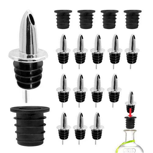 ESATTO 12 Pack Classic Chromed Bottle Pourers, Liquor Pourers for Alcohol, Olive Oil, Bartender Accessories Include 4 Cork Adapters for Large Neck Bottles such as Patron Don Julio Tequila