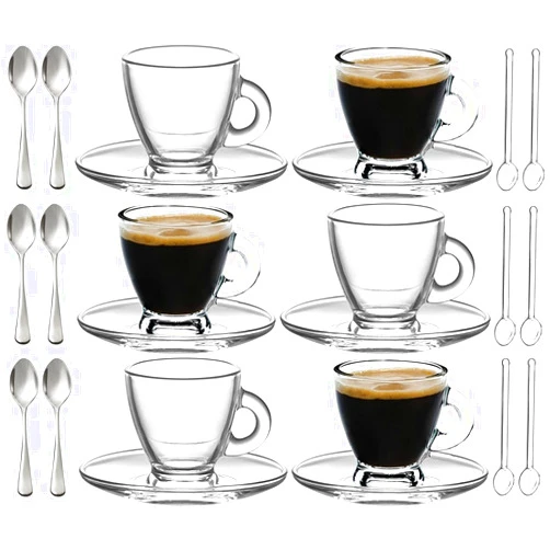 BOHEM'S Espresso Cups, 3.2 oz Small Demitasse Clear Glass Espresso Drinkware, Set Of Cups, Saucers and Stainless Steel mini Spoons + Free Glass Spoons (Set of 6)