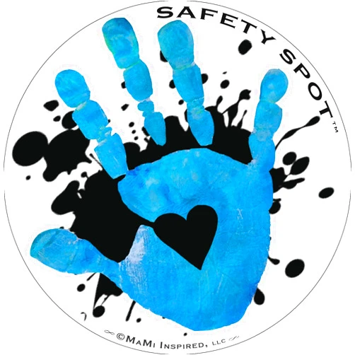 Safety Spot Magnet - Kids Handprint for Car Parking Lot Safety - White with Black Splat Background (Blue)