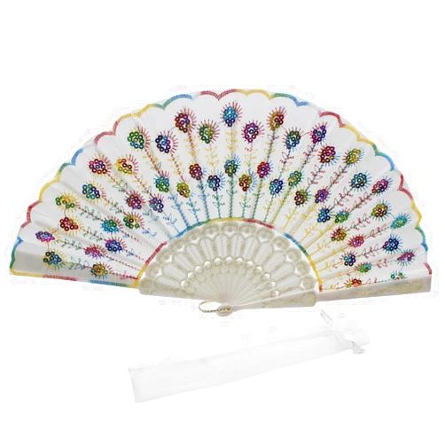 Newstarfactory White Colorful Sequins Embroidering Peacock Feathers Design Plastic Folding Hand Held Fan