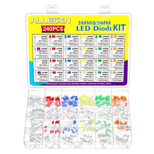 ALLECIN 24 Values Multicolor LED Light Emitting Diodes Kit 5MM 3MM White Red Blue Yellow Green Orange Purple Transparent Round LED Lamp Lighting Assorted for Arduino Electronics