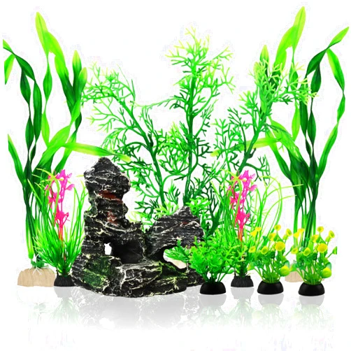 PietyPet Fish Tank Accessories Aquarium Decorations Plants, 9pcs Green Fish Tank Decorations Plants and Cave Rock Decoration Decor Set, Aquarium Decor Plastic Plants