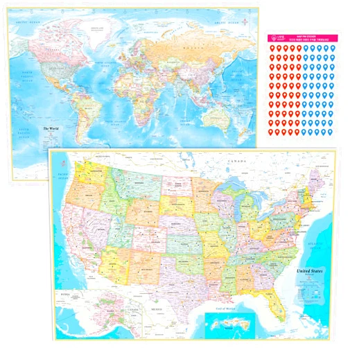 NOWMAP AquaShield Double-Sided World and USA Map Waterproof Tow Wall Map Set 24x36 - Folded Edition with (Pin Stickers)