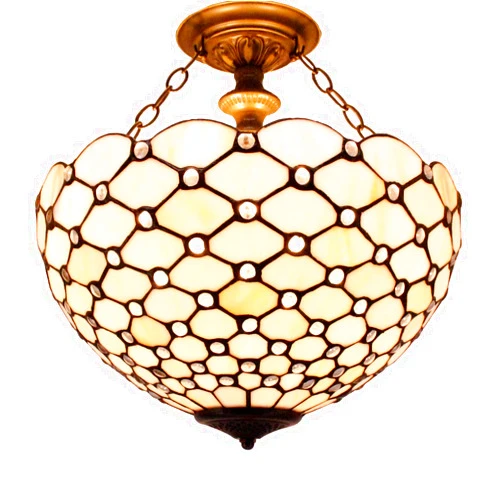 WERFACTORY Tiffany Ceiling Light Fixture Cream Amber Stained Glass Bead Semi Flush Mount Lamp Wide 16 Inch Height 15 Inch Tiffany Ceiling Lamp S005 Series